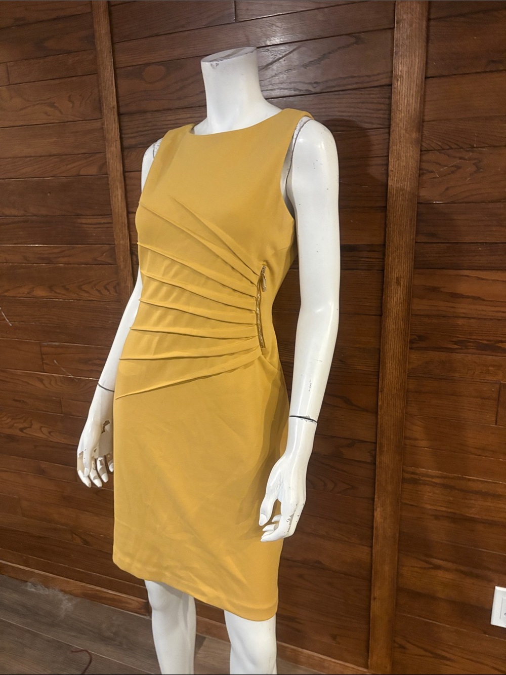 Ivanka Trump Mustard Sleeveless Pleated Sheath Midi Dress